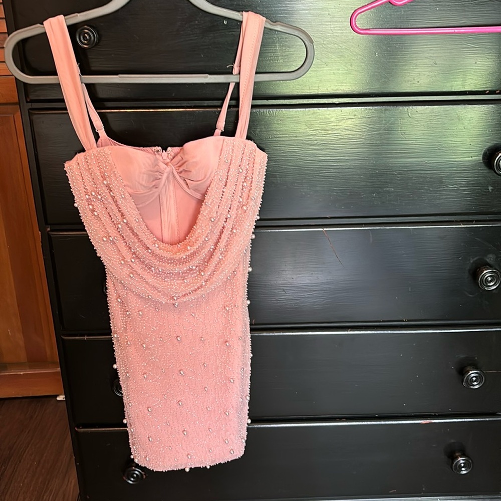 Oh Polly pink low cowl neck embellished mini dress